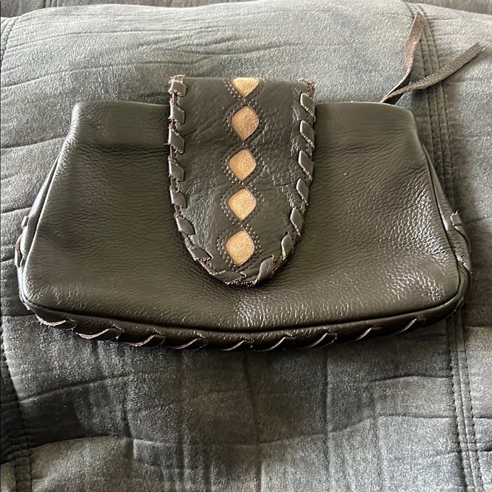 Goldenbleu brown and Tan Leather Clutch with Braided Trim